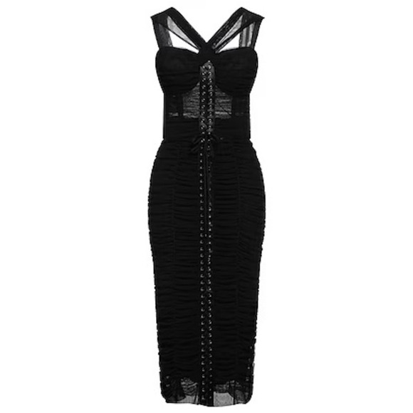 NWT Dolce & Gabbana Black lace-up corset midi Tulle Ruched Bustier Dress 46 XL - Picture 5 of 12
